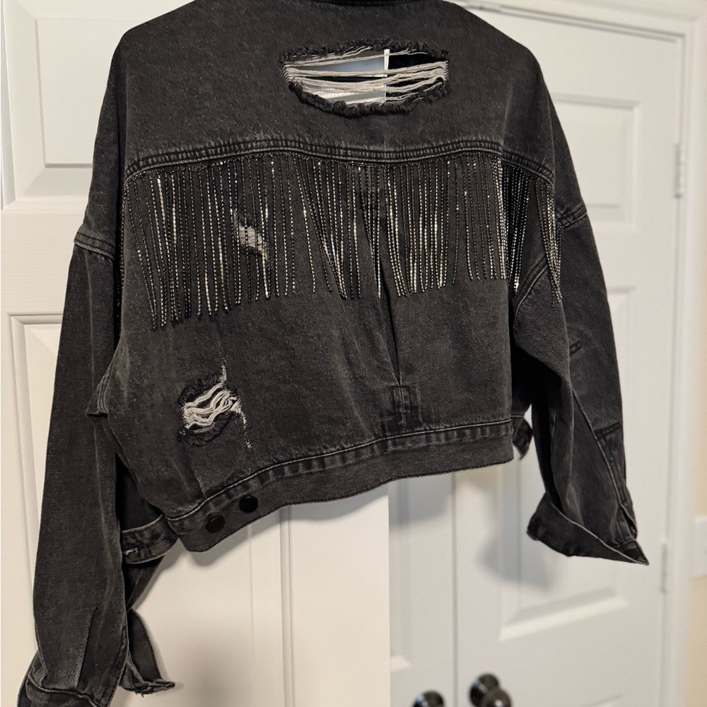 Black Rhinestone Fringe Cropped Denim Jacket